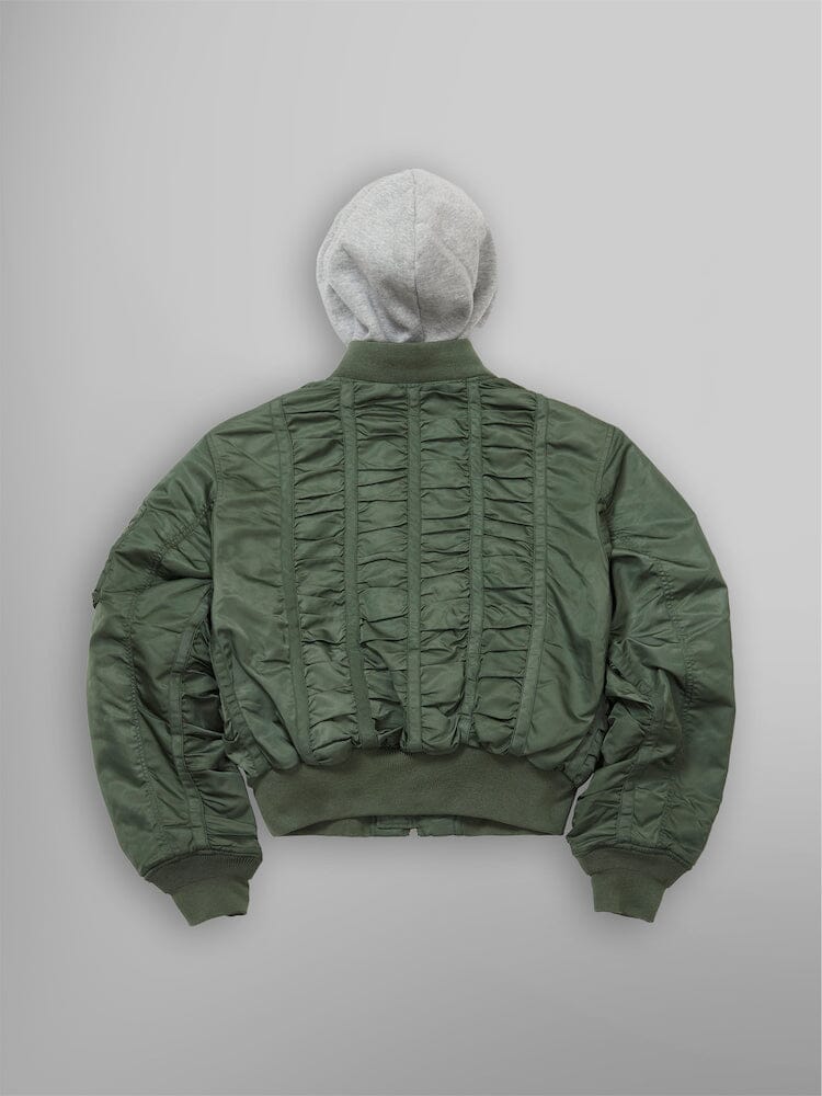 ALPHA X MADEME HOODED RUCHED MA-1 BOMBER JACKET