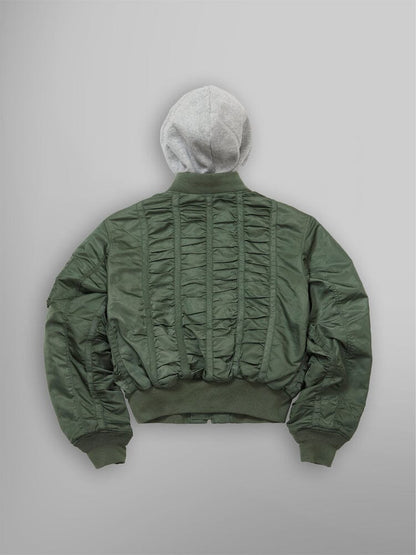 ALPHA X MADEME HOODED RUCHED MA-1 BOMBER JACKET