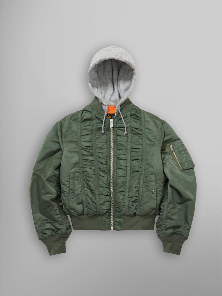 ALPHA X MADEME HOODED RUCHED MA-1 BOMBER JACKET