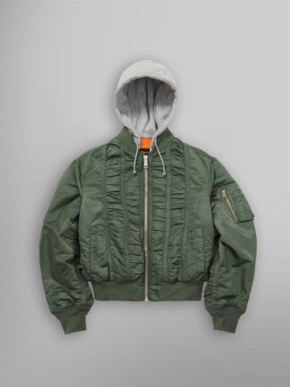 ALPHA X MADEME HOODED RUCHED MA-1 BOMBER JACKET